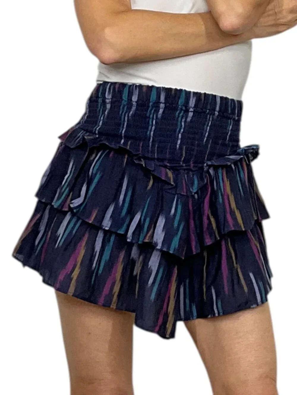 MOTHER The Ruffled Up Skirt XS Blue Mini Tiered Western Artist In Residence NEW